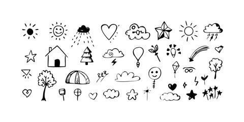 Playful doodle icons of nature and objects cloud rain