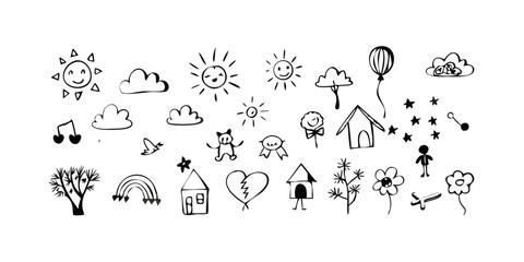 Playful doodle elements with nature and celestial themes