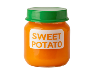 Squeezable Sweet Potato Baby Food Pouch with Cap, isolated on transparent background.