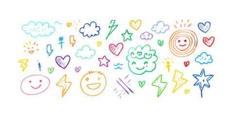Playful doodle icons with rainbow colors happy