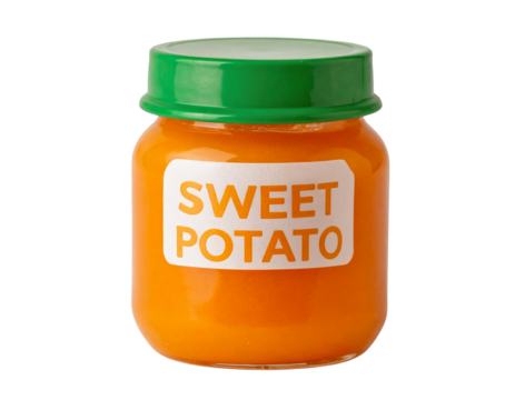Squeezable Sweet Potato Baby Food Pouch with Cap, isolated on transparent background.