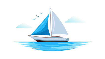 Sailboat on blue water with clouds and birds sailing