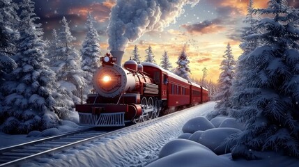 Experience the enchantment of a Christmas train in a frosty forest.