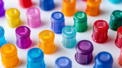 Colorful Plastic Cosmetic Container Caps Arranged on a White Surface, Fashion Product