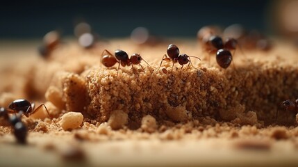 Close-up of ants on a mound of crumbs