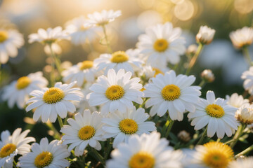 Obraz premium Bright Sunlit Field of White Daisies Flowers Golden Sunlight Bokeh
