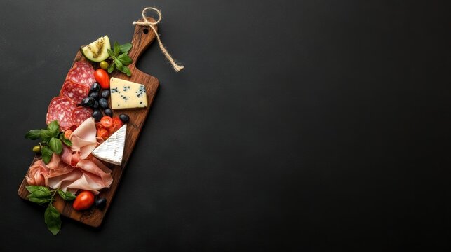 Charcuterie board with salami cheese and olives