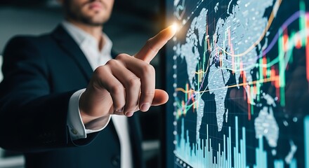 Dynamic businessman analyzing global market trends on interactive digital display screen