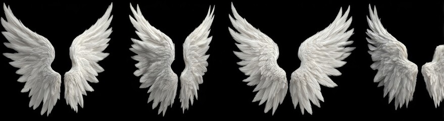 Multiple pairs of detailed white angel wings against a black background