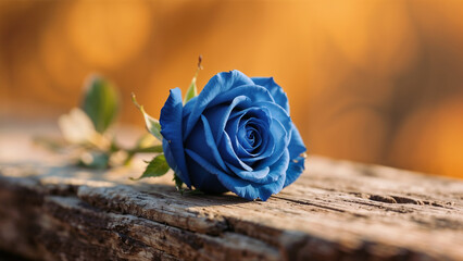 Exquisite Blue Rose Lying on Rustic Wooden Surface with Soft Bokeh Background