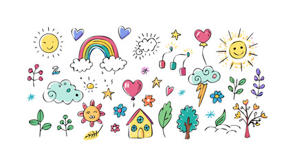 Whimsical doodle elements with suns rainbow and house