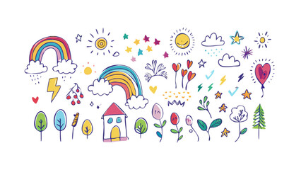 Whimsical doodles of nature and weather rainbow clouds