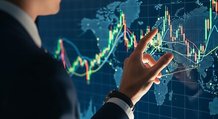Financial analyst pointing to global market data on screen, analyzing stock trends and investments