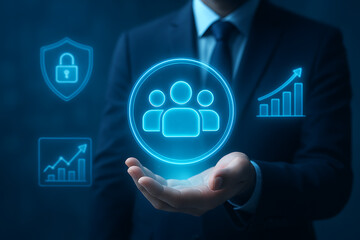 Businessman holding a team icon in his hand business growth and data security icons are on a blue background