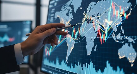 Analyst pointing to global financial data on screen, highlighting market trends and growth
