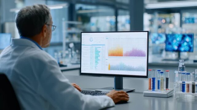 Pharmacovigilance expert in medium shot reviewing adverse event analytics highlighting key AI outlier data on screen with blurred secondary workstation details.