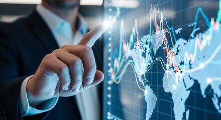 Businessman analyzing financial data and market trends on a modern interactive display