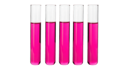 Five test tubes with pink liquid, upright and arranged in a row