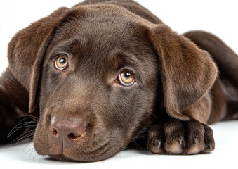 Close-up of a chocolate Labrador puppy, lying on a white background, with soulful eyes