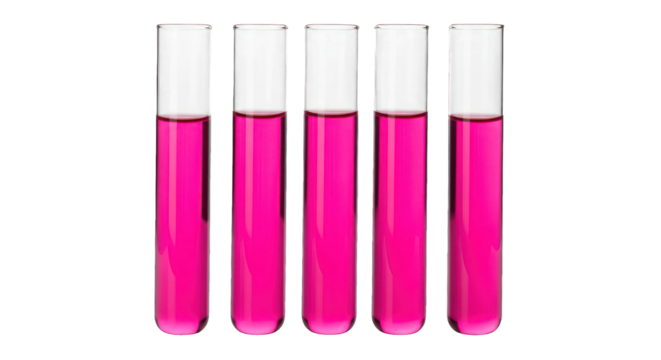 Five test tubes with pink liquid, upright and arranged in a row