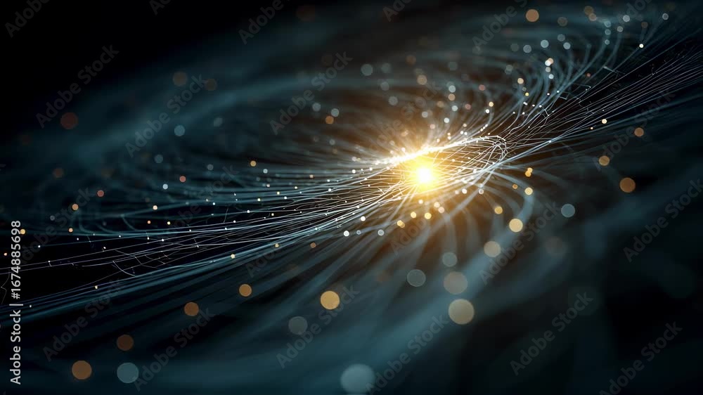 Poster detailed focus on a radiant center point of a dynamic network map surrounded by gently outoffocus sw