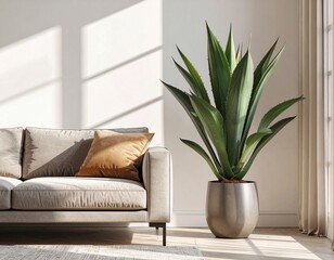 Indoor photography of a tall agave plant in a designer pot, placed beside a contemporary sofa in a sunlit living room