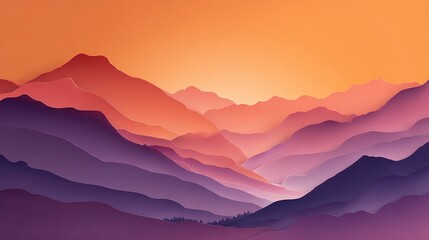 Obraz premium Minimalist geometric mountain landscape at sunrise, using gradient orange, pink and purple paper cut overlay design isolated on a pure white background, conveying the beauty of tranquil nature