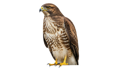 Fototapeta premium Majestic Hawk on White Background: Captivating Portrait of a Bird of Prey in Sharp Detail Standing Tall for Visual Projects
