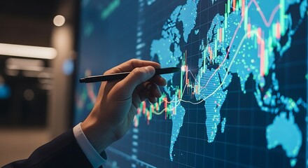 Analyst pointing at global market data chart, business strategy and financial analysis concept