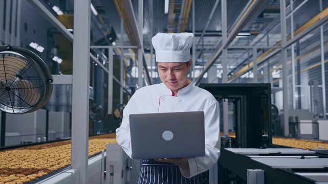 Asian Man Chef Smiling And Using A Laptop While Standing, Automated Cookie Production Line in Modern Factory