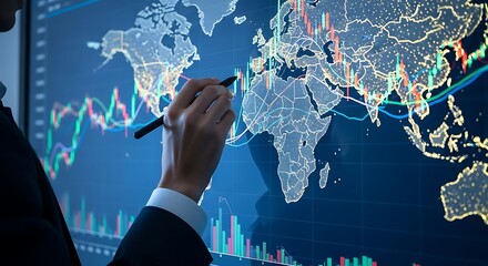 Analyst pointing at global market data charts, evaluating financial performance and trends