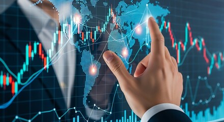Analyst pointing to world map with stock market data charts, global business analysis concept