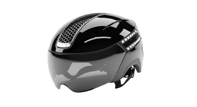 Futuristic Black Cycling Helmet with Integrated Visor and Illumination System on an Isolated White Background