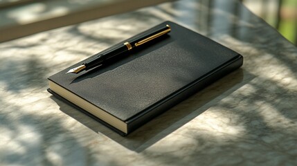 Black leather notebook with gold pen, resting on a marble surface.  Sunlight casts shadows