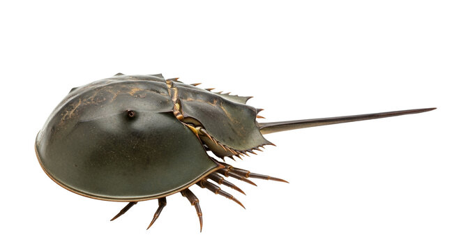 Majestic arthropod portrait showcases a captivating prehistoric horseshoe crab on a pristine white backdrop radiating marine wonder and ecological