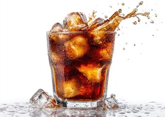 Refreshing soda drink in glass with ice splash