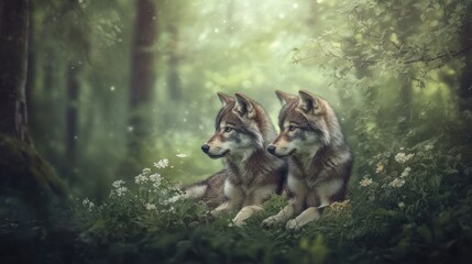 Obraz premium Two wolf pups in dreamy forest setting