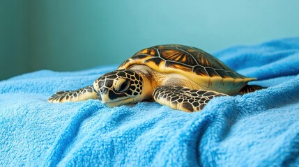 Obraz premium Sea turtle resting on a soft blue blanket