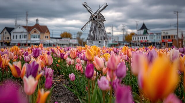 Holland's beauty in bloom: A vivid field of tulips with a charming windmill - Powered by Adobe