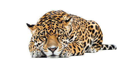 Obraz premium Resting Jaguar Portrait on White Backdrop Showcasing its Distinctive Spotted Coat and Peaceful Demeanor Expressing Serenity in the Wild