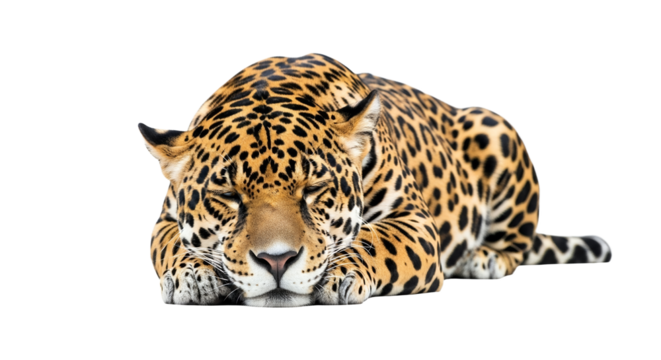 Resting Jaguar Portrait on White Backdrop Showcasing its Distinctive Spotted Coat and Peaceful Demeanor Expressing Serenity in the Wild