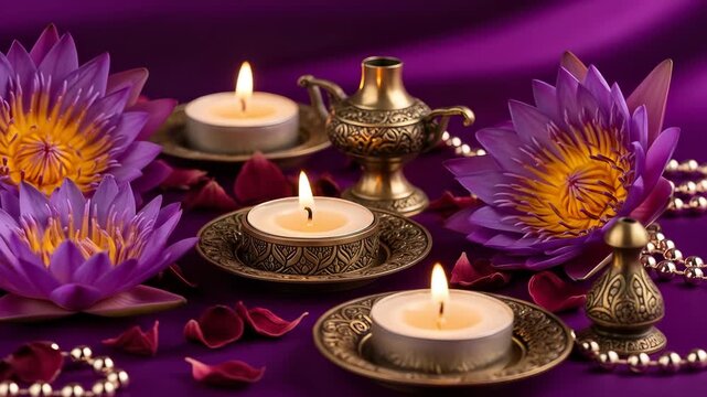 Purple lotus flower, brass lamp, oil lamp, burning candle, and rose petal create festive atmosphere for traditional Delhi festival celebration
