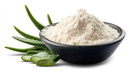 Aloe vera powder in dark bowl with aloe leaves