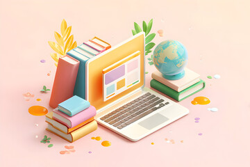 Laptop displays colorful website with books and globe on desk, representing education and learning in a bright, modern style.