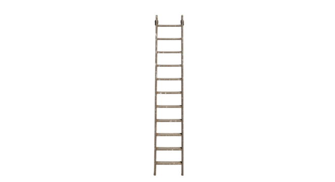 Isolated vintage ladder extending upward on a clean white background, evoking themes of potential and rustic simplicity, aged and worn for design