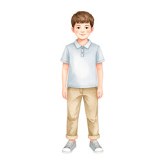Watercolor Illustration of a Boy in a Light Blue Polo Shirt and Beige Pants.