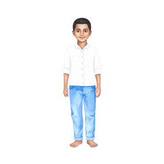 Fototapeta premium Watercolor Illustration of a Boy in a White Shirt and Light Blue Jeans.