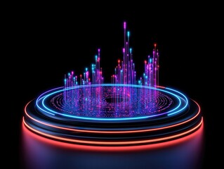 Abstract circular platform with vibrant neon lights