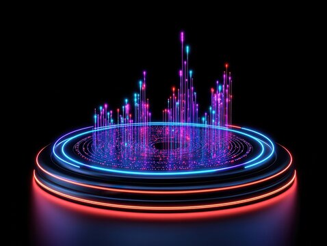 Abstract circular platform with vibrant neon lights