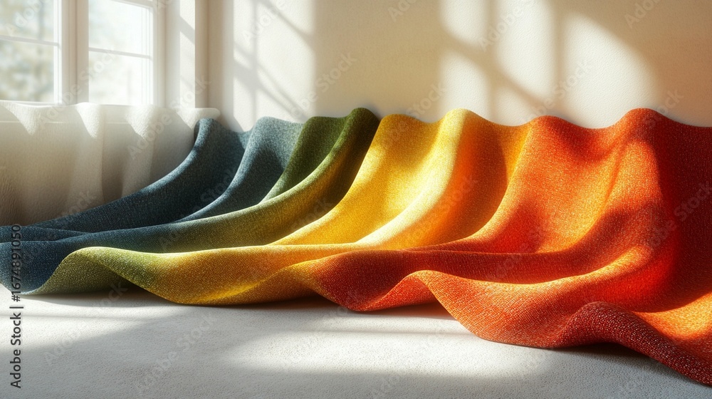 Aufkleber colorful drapes cascading in a windowsill, displaying a spectrum of hues from cool blues to warm ora